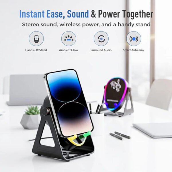 Haut-parleur Bluetooth à induction sans fil 5 en 1 180 ° Amplificateur de son stéréo rotatif support de téléphone portable à chargement sans fil mains libres