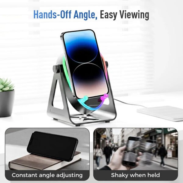 Haut-parleur Bluetooth à induction sans fil 5 en 1 180 ° Amplificateur de son stéréo rotatif support de téléphone portable à chargement sans fil mains libres