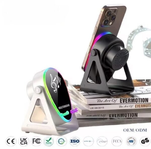 Haut-parleur Bluetooth à induction sans fil 5 en 1 180 ° Amplificateur de son stéréo rotatif support de téléphone portable à chargement sans fil mains libres